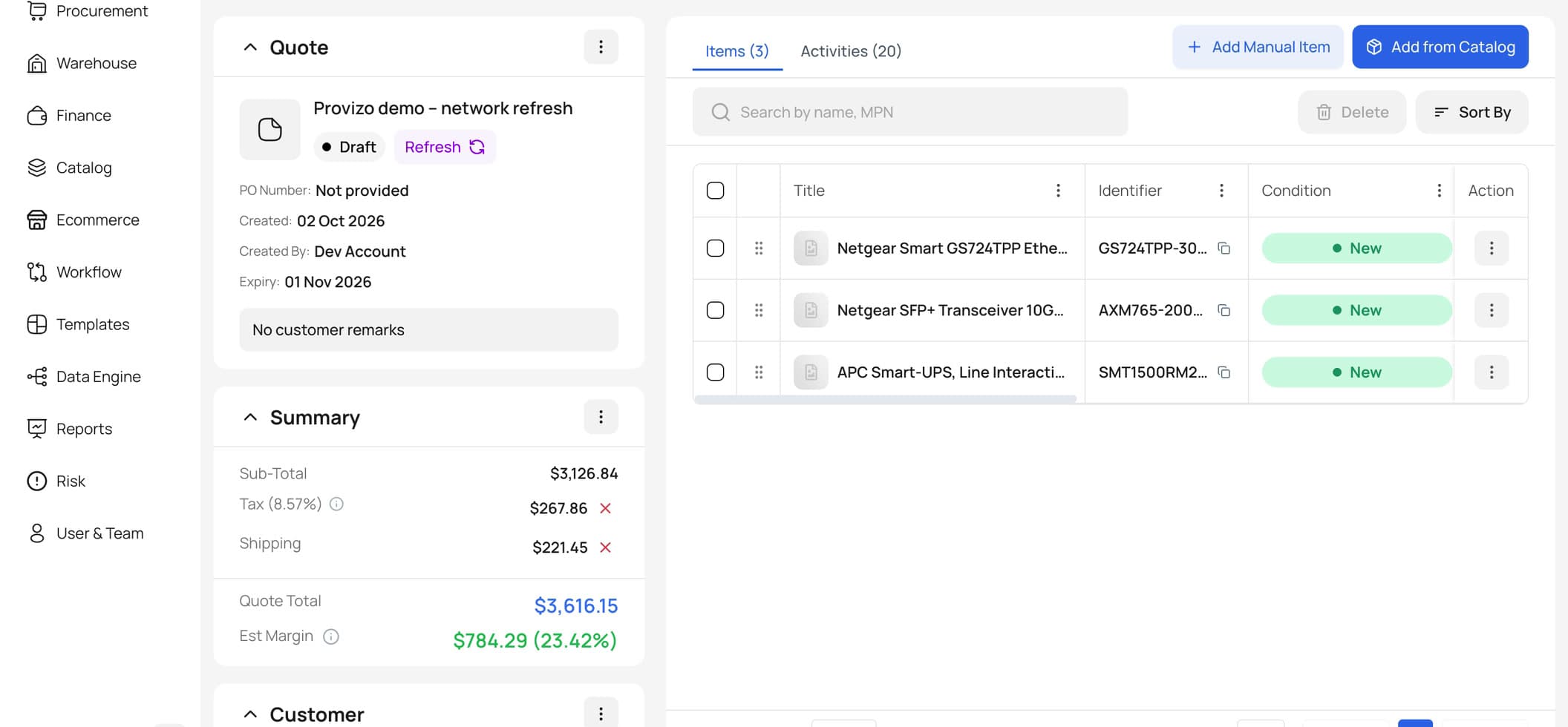 A finished Provizo quote with live pricing and margin per line