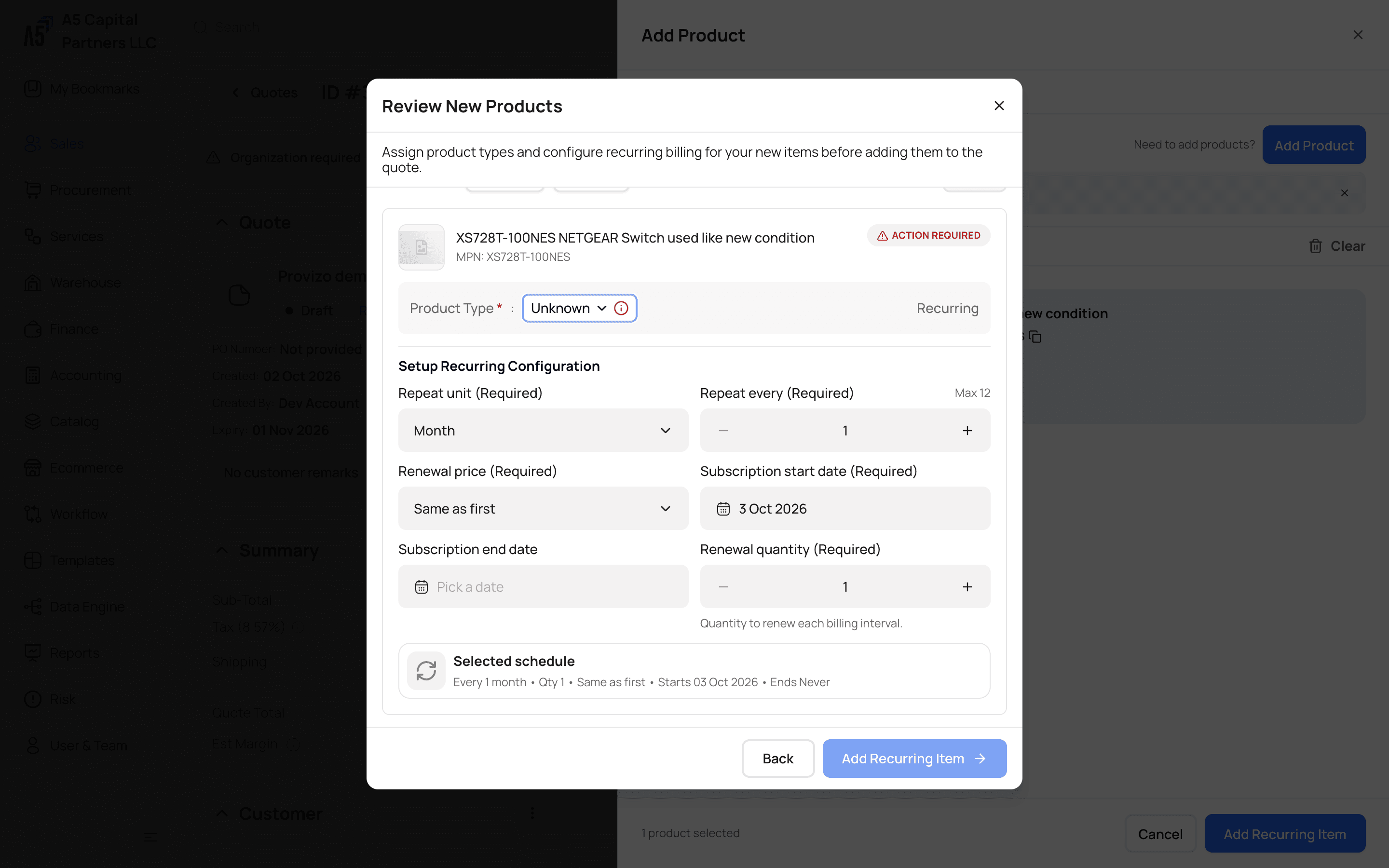 Recurring billing schedule summary