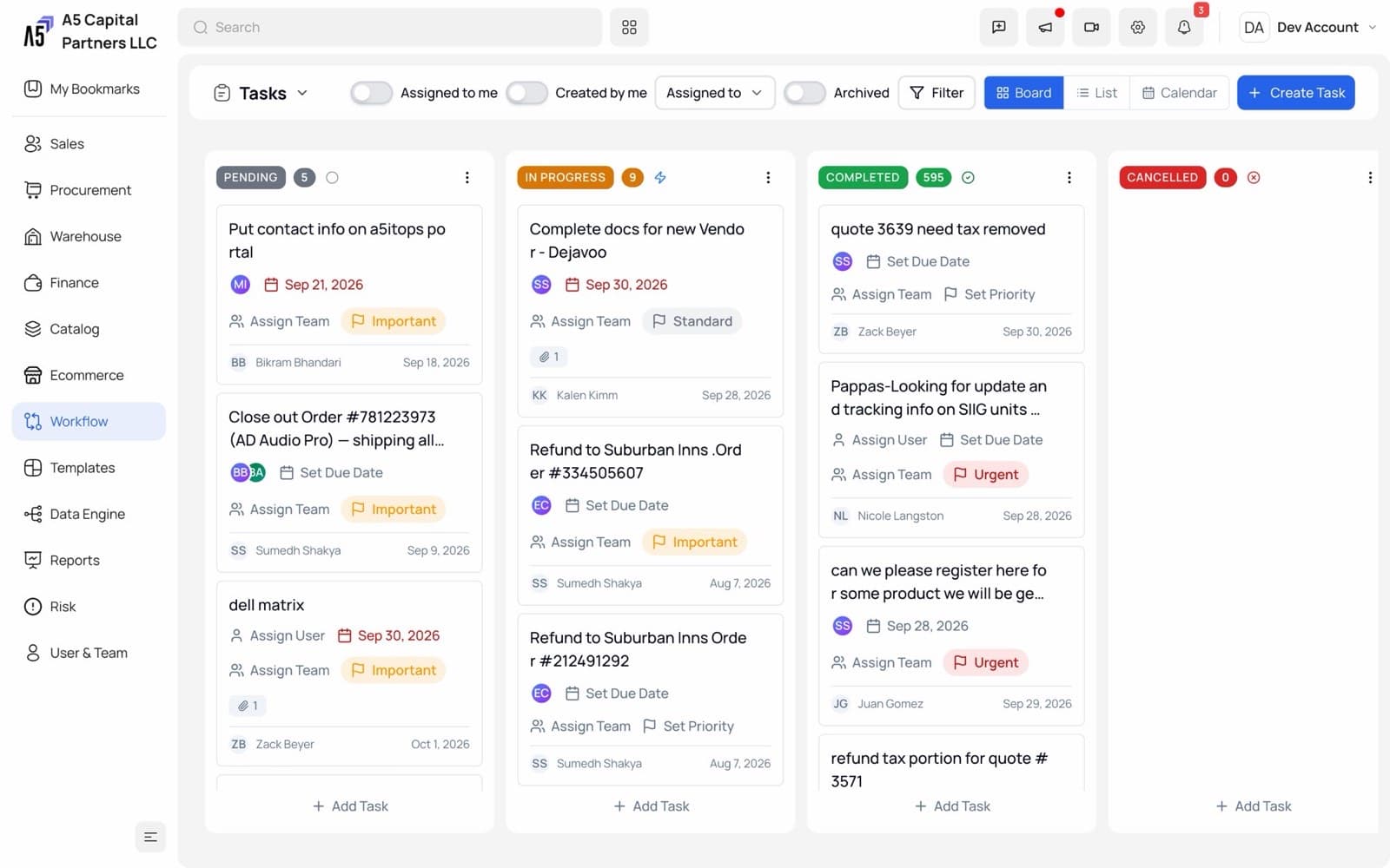 Tickets and tasks board by status
